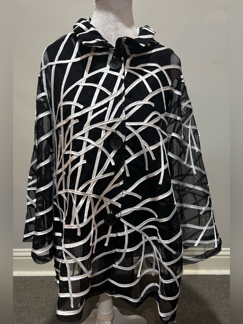 Chico's Travelers Collection Mesh black & white ribbon jacket Sz 3 XL